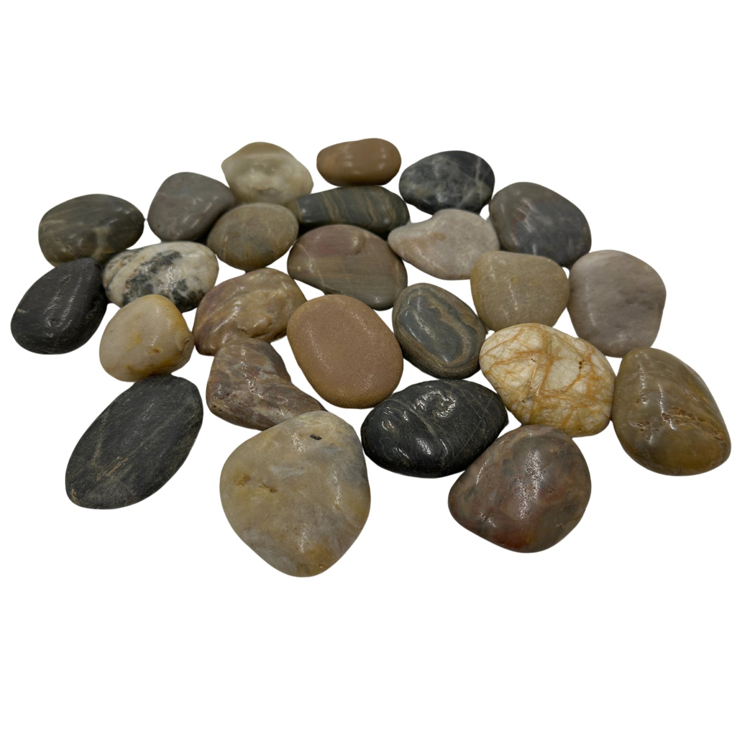 Assorted pebbles on a white background